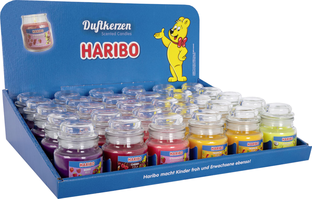 HARIBO tray with various scented candle jars