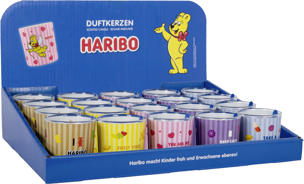 HARIBO tray with various scented candle jars