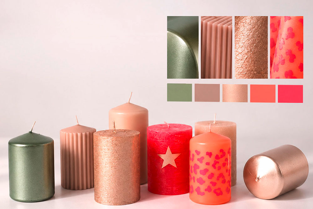 Trend colors and candle surface finishes
