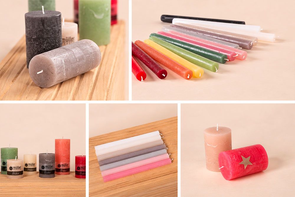 Müller Polar candle range in various colors and sizes